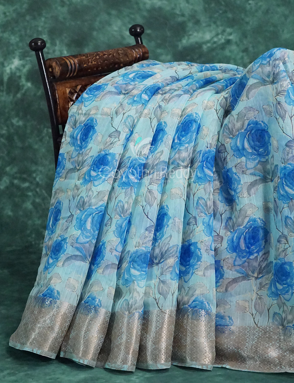 Powder Blue And Dark Blue Coloured Floral Print Semi Chanderi Saree By Gayathri Reddy Designer Studio