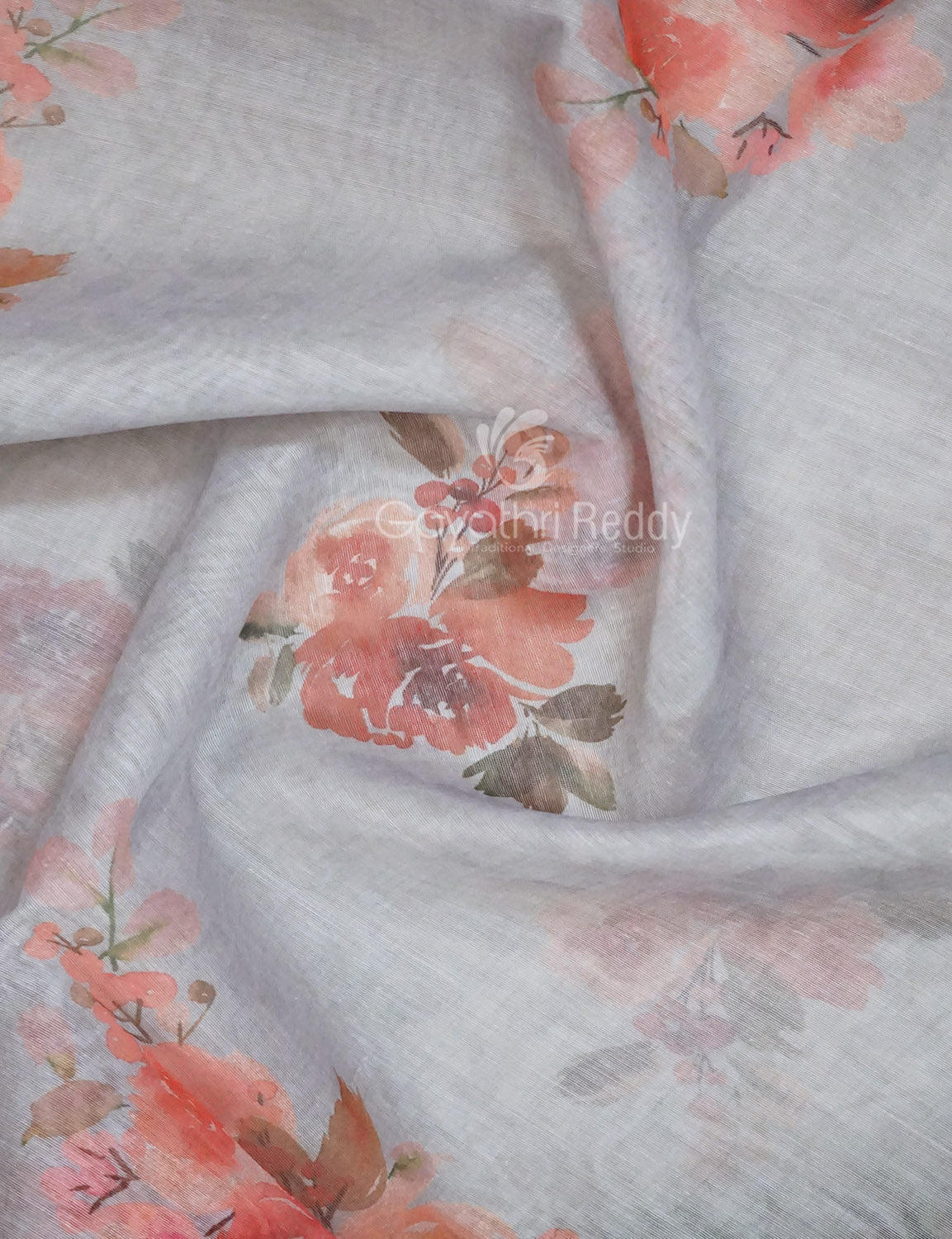 Shades of Light Grey Floral Print Semi Chanderi Saree By Gayathri Reddy Designer Studio