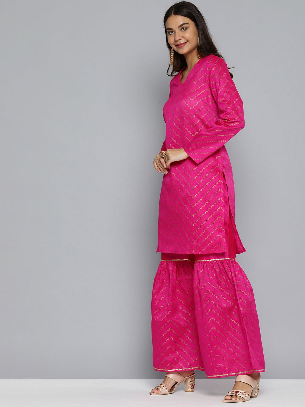 HERE&NOW Women Pink Ethnic Motifs Printed Gotta Patti Kurta with Sharara With Dupatta