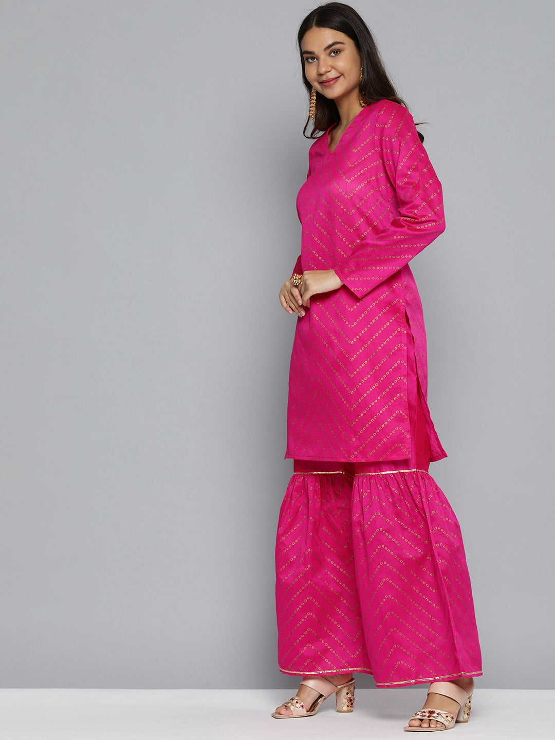 HERE&NOW Women Pink Ethnic Motifs Printed Gotta Patti Kurta with Sharara With Dupatta