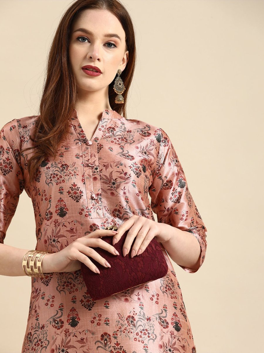 All About You Women Dusty Pink Floral Block Print Chanderi Silk Blend Straight Kurta