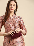 All About You Women Dusty Pink Floral Block Print Chanderi Silk Blend Straight Kurta