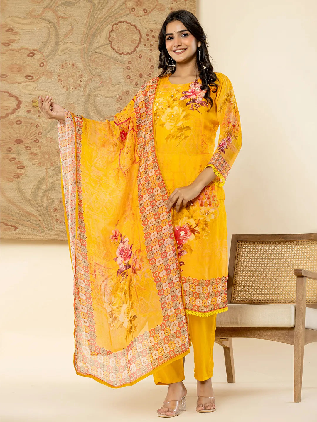 Yufta Pure Oragnza Kurta Set With Pant And Dupatta Comes With Cotton Lining And Intricate Handwork