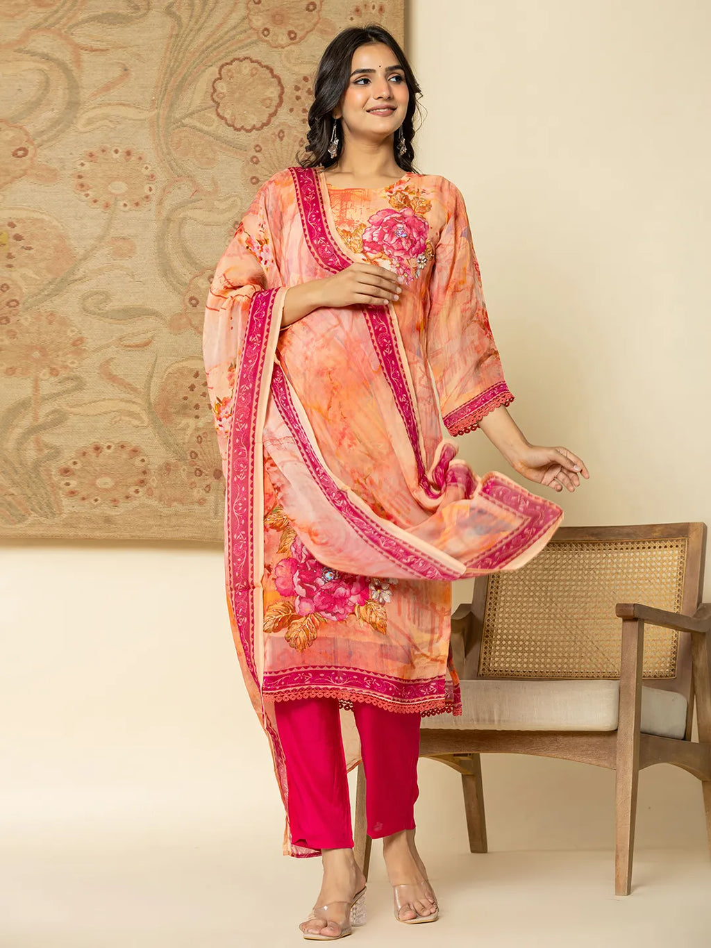 Yufta Pink Floral Embroidered Regular Sequinned Kurta with Trousers & With Dupatta
