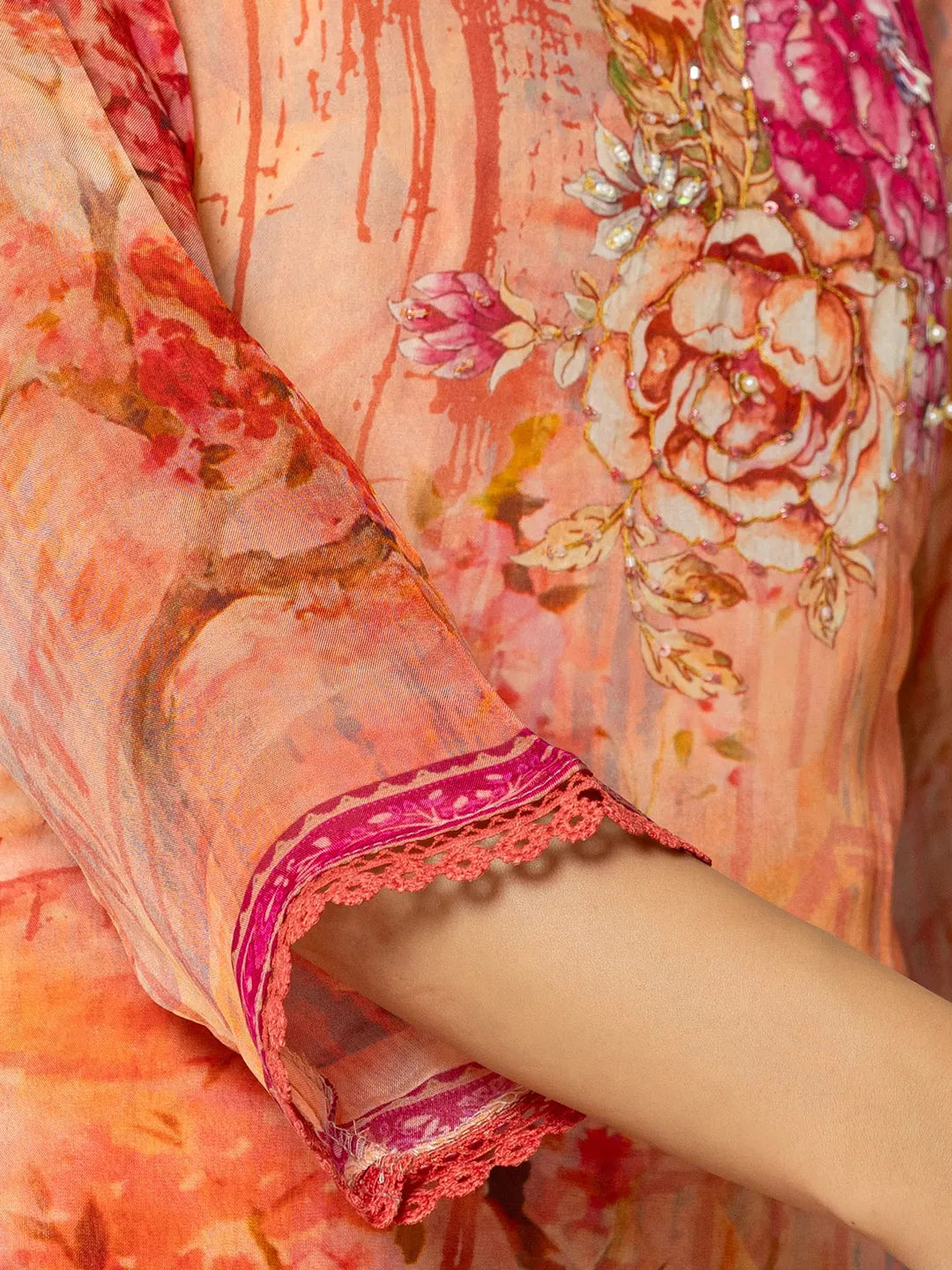 Yufta Pink Floral Embroidered Regular Sequinned Kurta with Trousers & With Dupatta