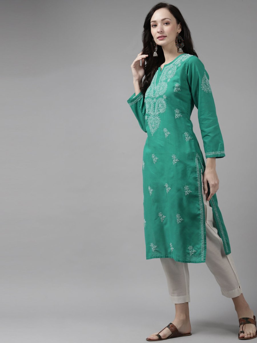 ADA Women Green & White Ethnic Motifs Hand Embroidered Chikankari Handloom Kurta