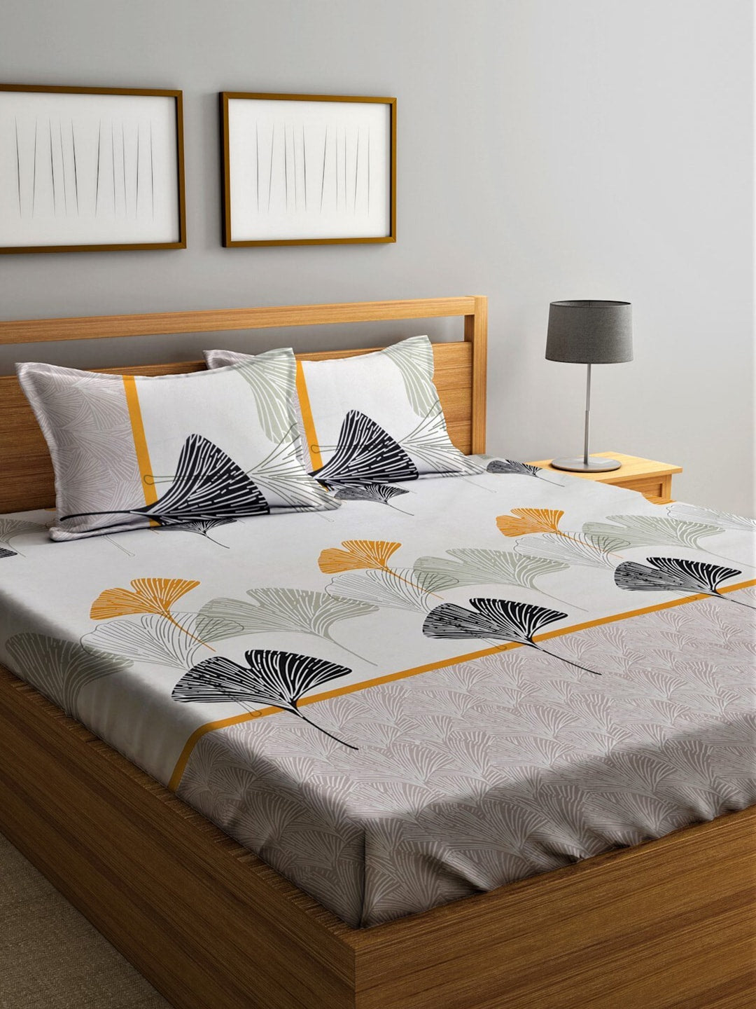 Home Sizzler Grey & Yellow Floral 210 TC Queen Bedsheet with 2 Pillow Covers