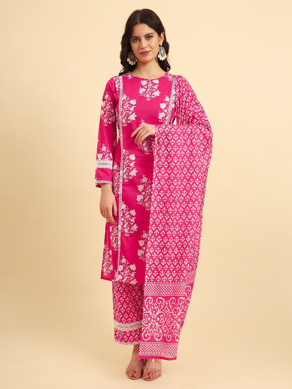Yufta Pink Pure Cotton Floral printed Kurta With Trousers Dupatta Set