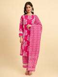 Yufta Pink Pure Cotton Floral printed Kurta With Trousers Dupatta Set