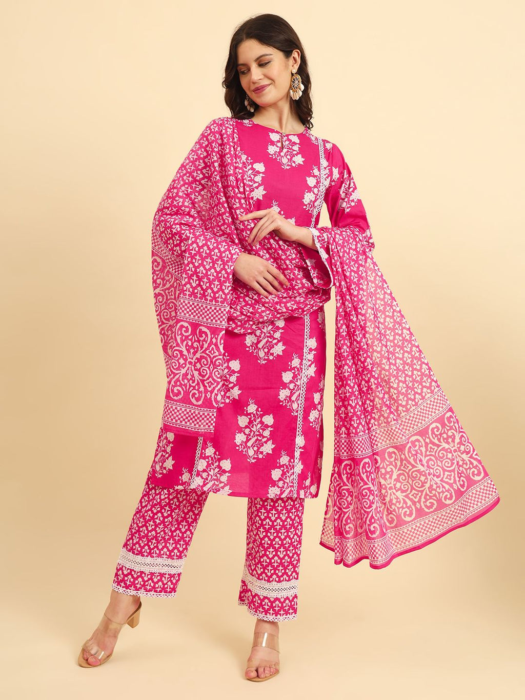 Yufta Pink Pure Cotton Floral printed Kurta With Trousers Dupatta Set