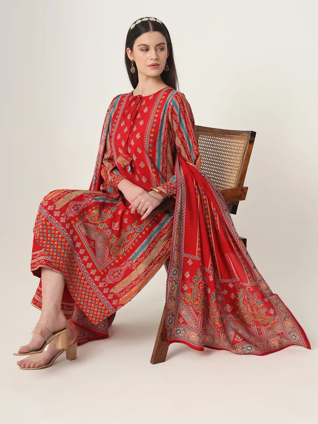 Yufta Red Silk Tie Up Kurta Set With Pant & Dupatta