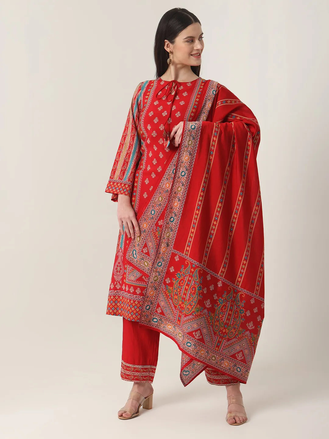 Yufta Red Silk Tie Up Kurta Set With Pant & Dupatta