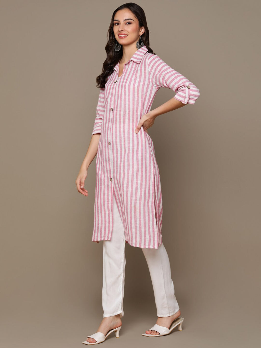 HERE&NOW Pink & White Shirt Collar Roll-Up Sleeves Striped Pure Cotton Straight Kurta