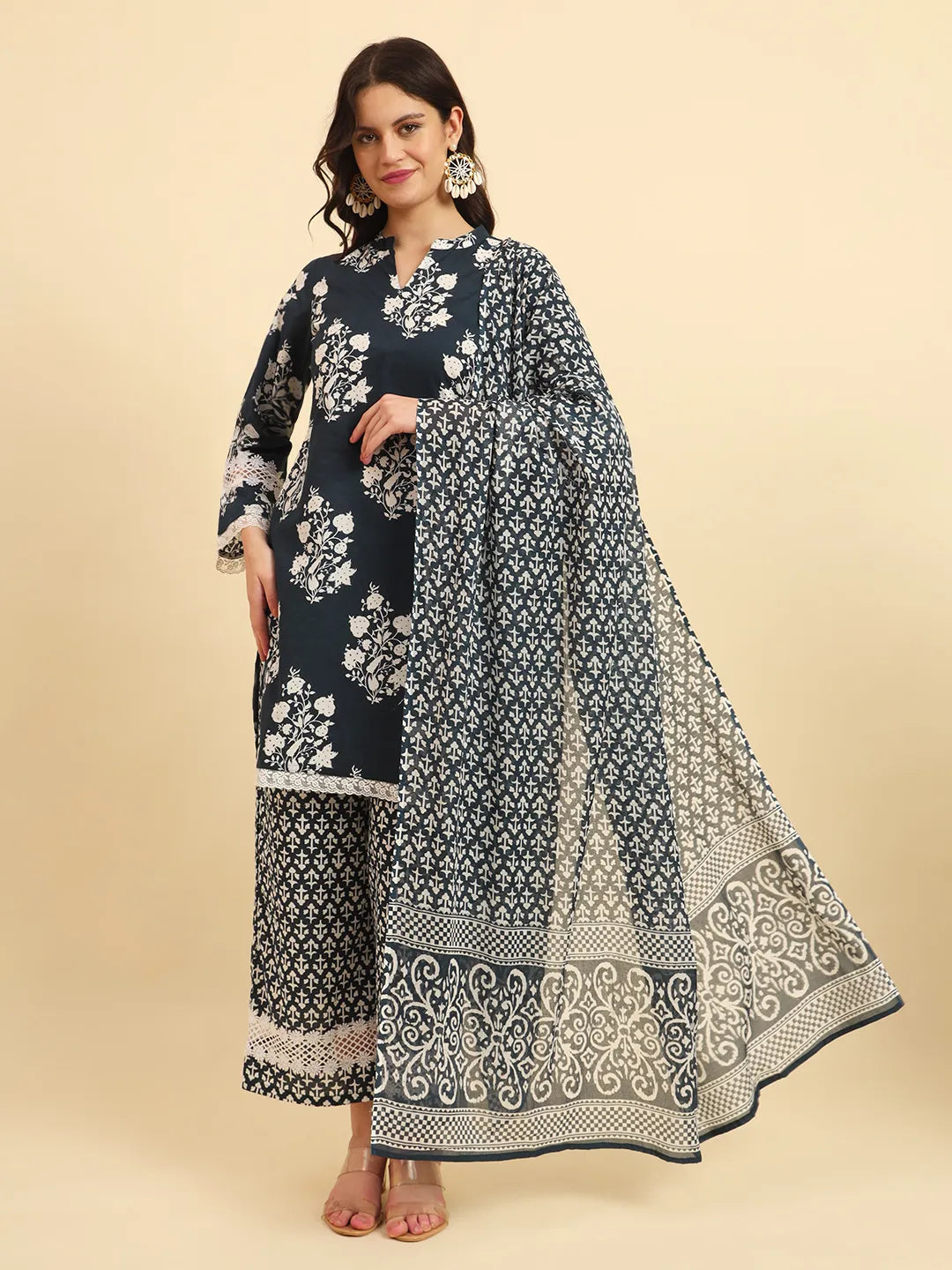 Yufta Pure Cotton Pakistani Style Kurta Set With Pant & Dupatta With Lace Detailing