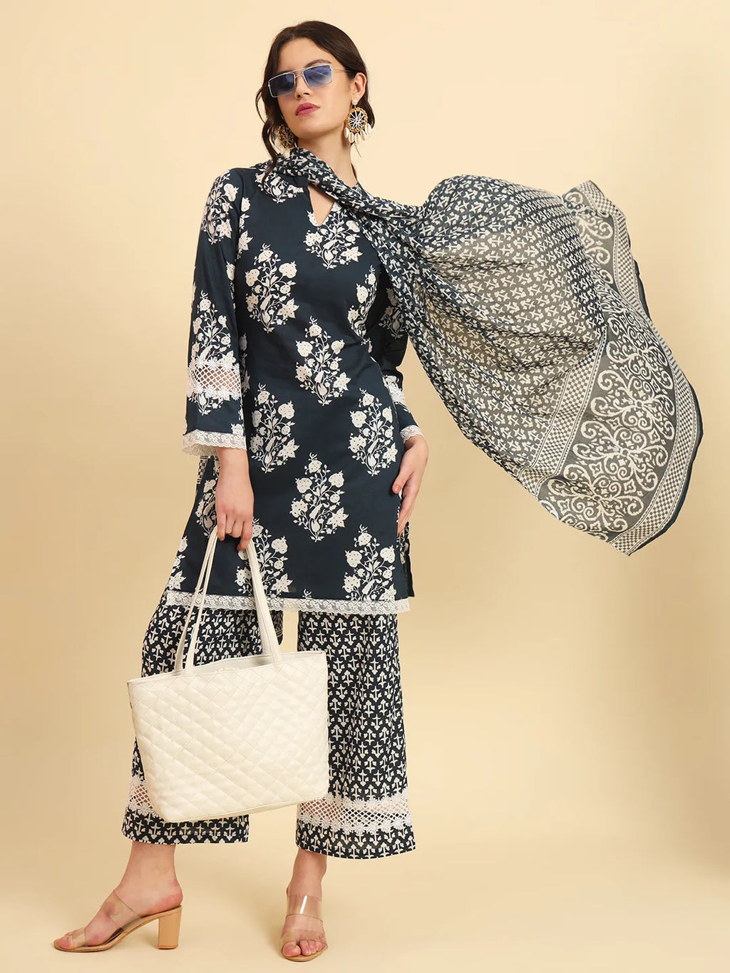 Yufta Pure Cotton Pakistani Style Kurta Set With Pant & Dupatta With Lace Detailing