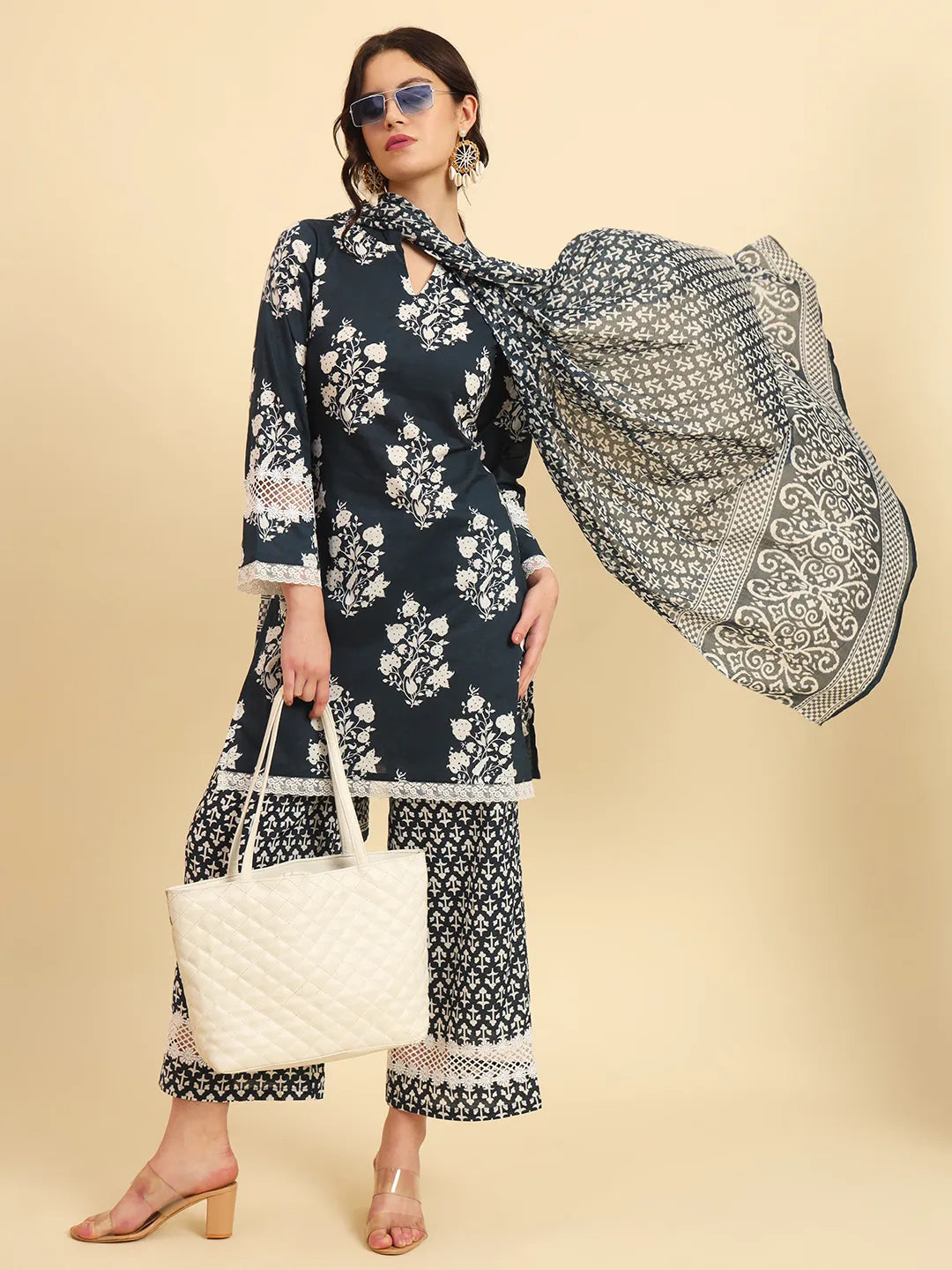 Yufta Pure Cotton Pakistani Style Kurta Set With Pant & Dupatta With Lace Detailing