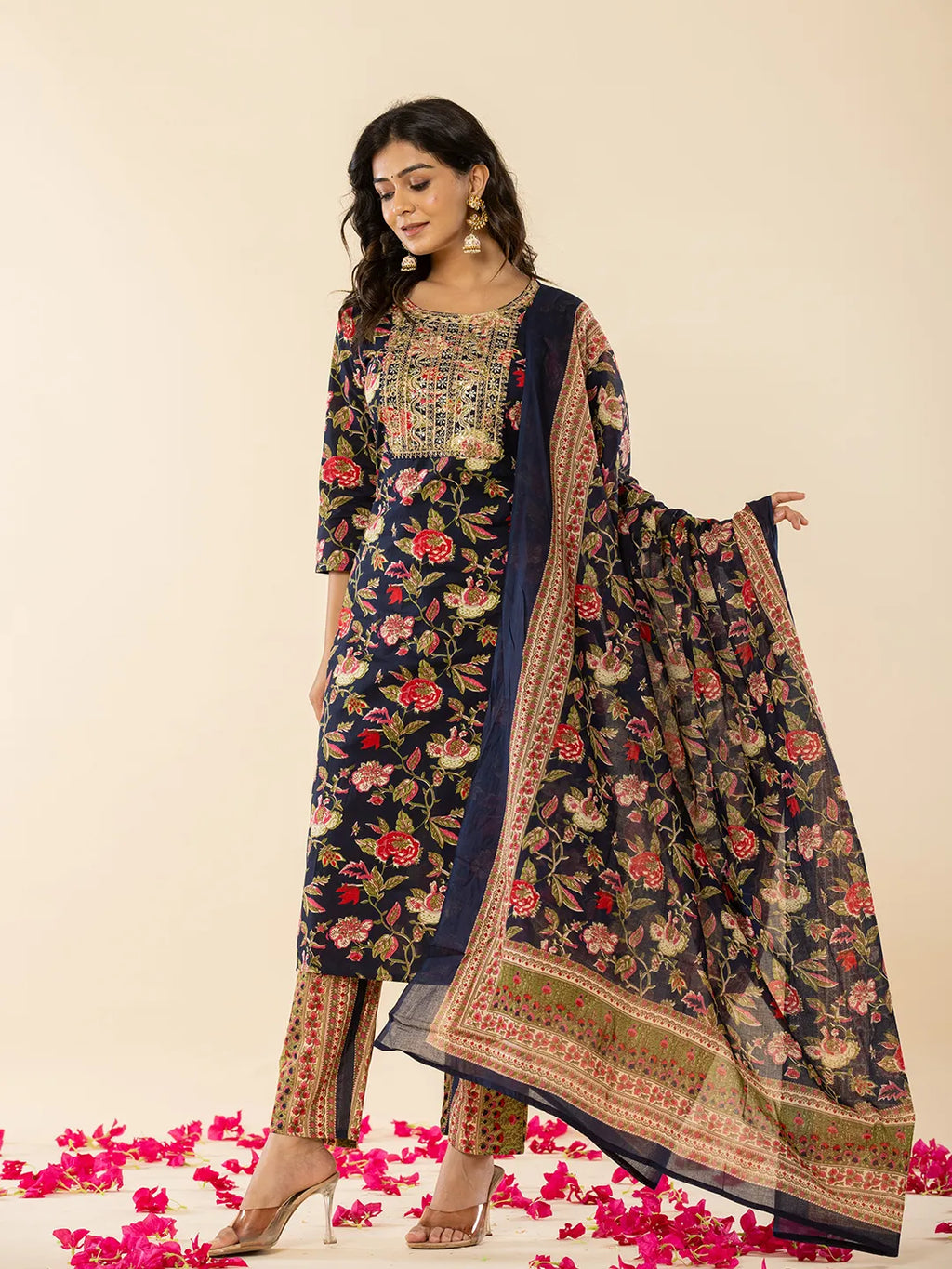 Yufta Navy Blue Floral Thread Work Pure Cotton Kurta Trousers With Dupatta Set