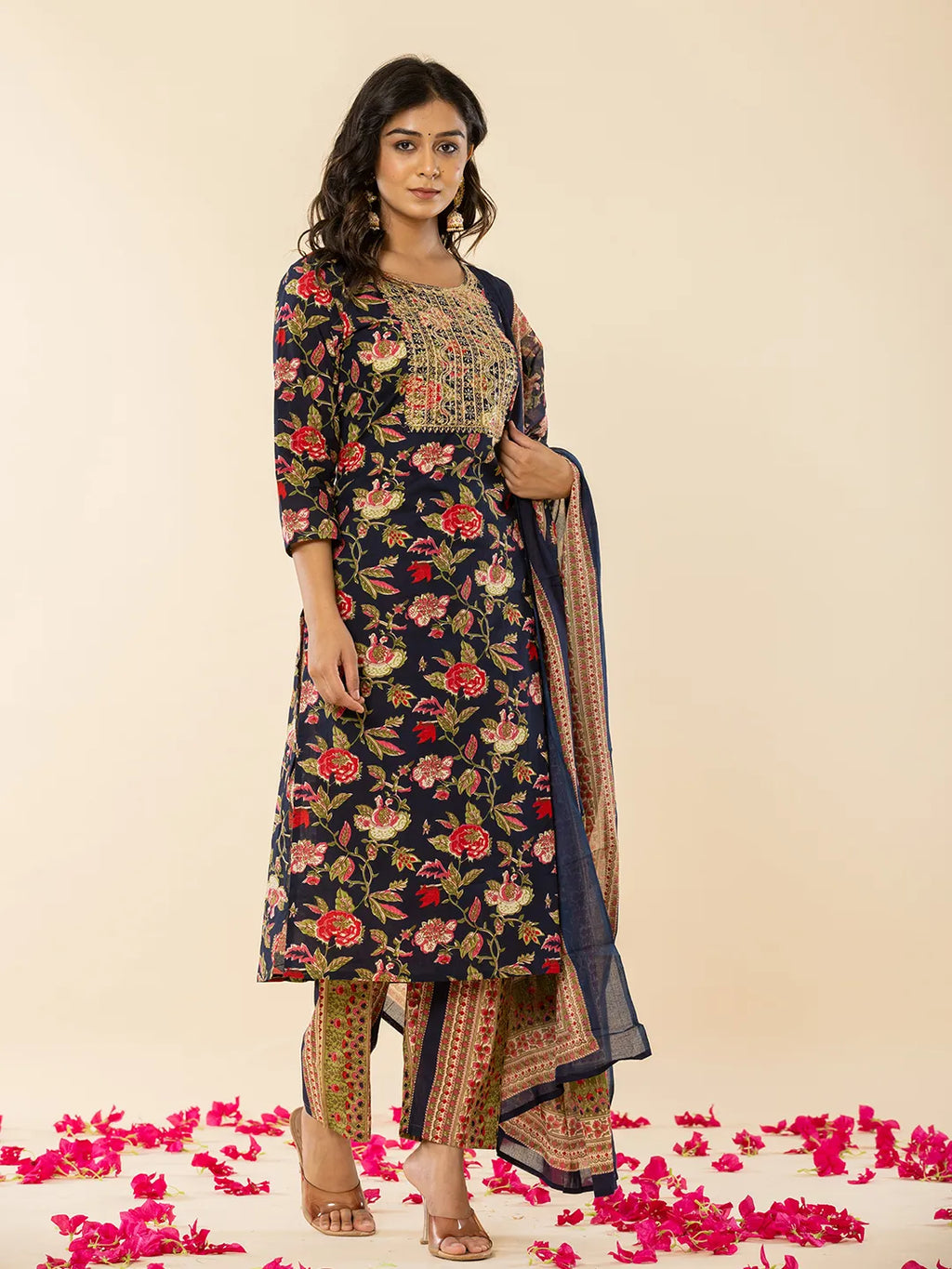 Yufta Navy Blue Floral Thread Work Pure Cotton Kurta Trousers With Dupatta Set