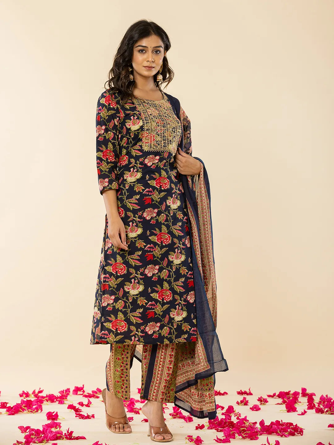 Yufta Navy Blue Floral Thread Work Pure Cotton Kurta Trousers With Dupatta Set