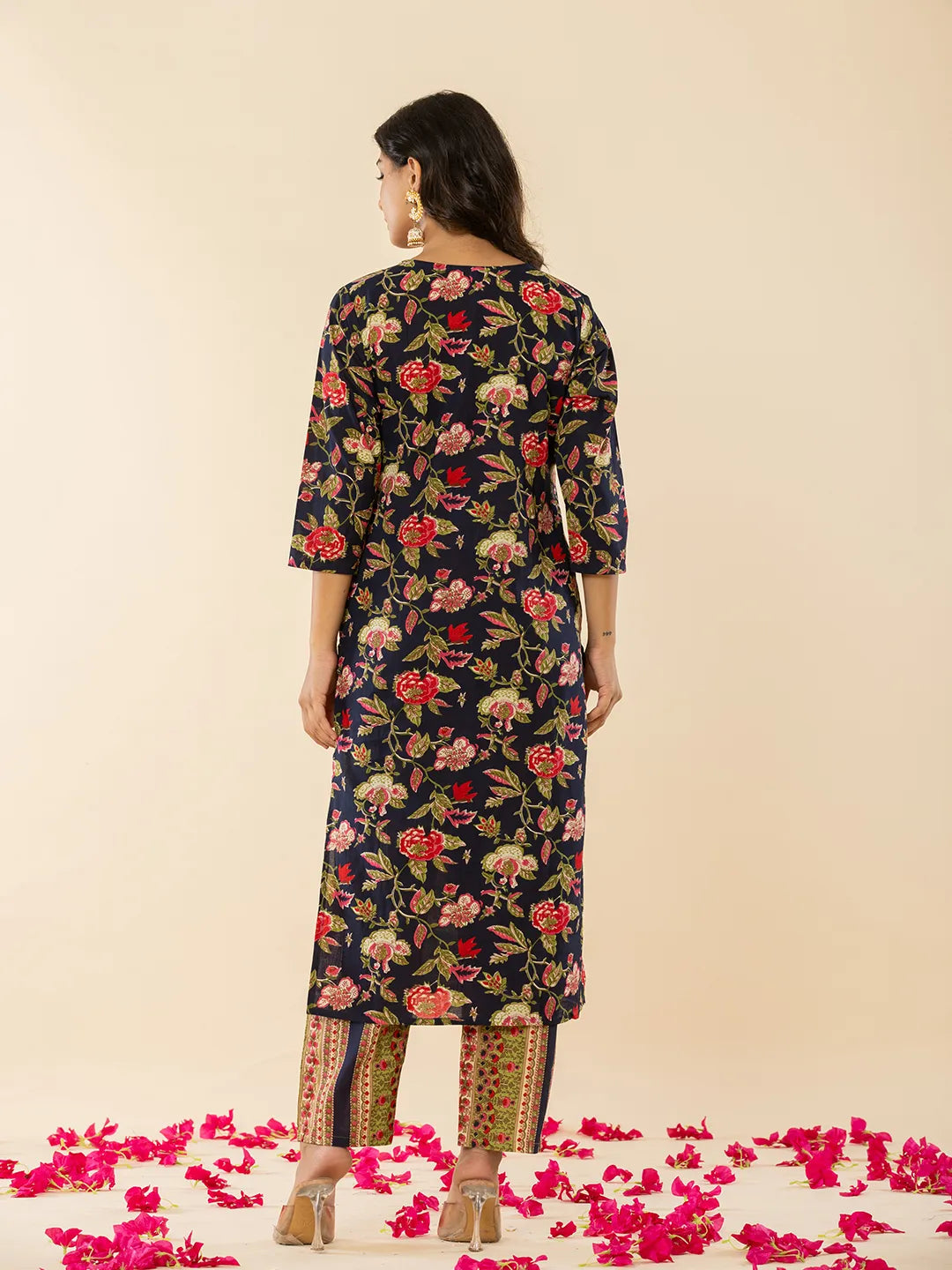 Yufta Navy Blue Floral Thread Work Pure Cotton Kurta Trousers With Dupatta Set