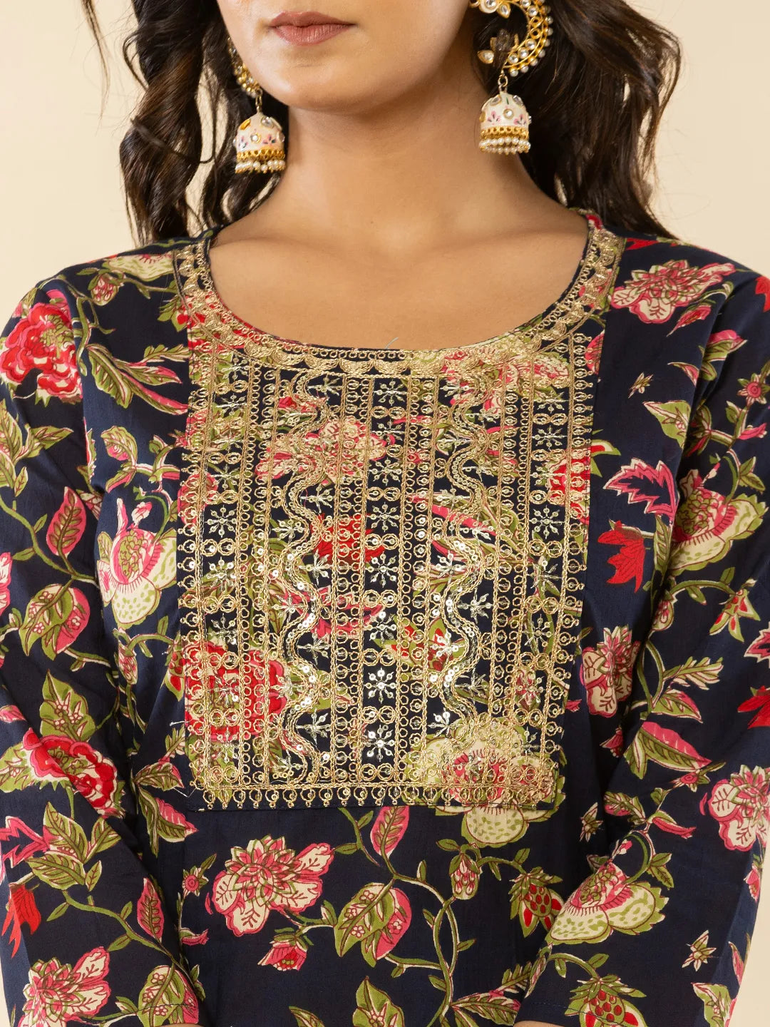 Yufta Navy Blue Floral Thread Work Pure Cotton Kurta Trousers With Dupatta Set