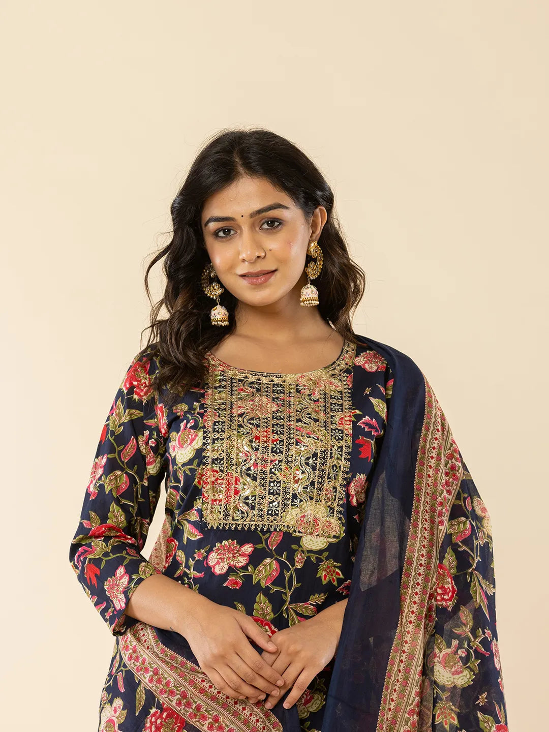 Yufta Navy Blue Floral Thread Work Pure Cotton Kurta Trousers With Dupatta Set