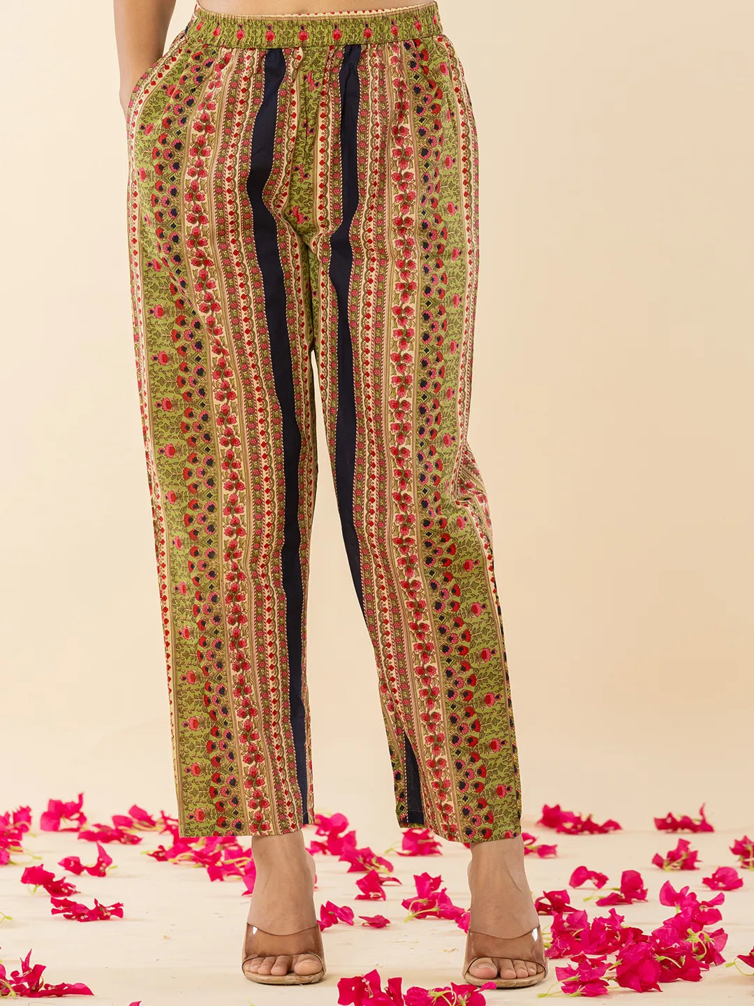 Yufta Navy Blue Floral Thread Work Pure Cotton Kurta Trousers With Dupatta Set