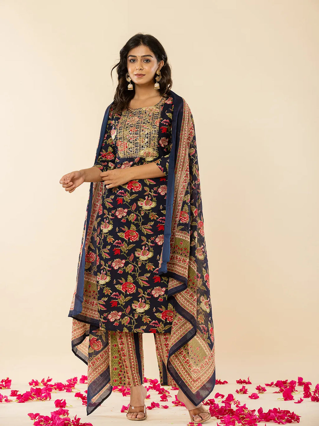Yufta Navy Blue Floral Thread Work Pure Cotton Kurta Trousers With Dupatta Set