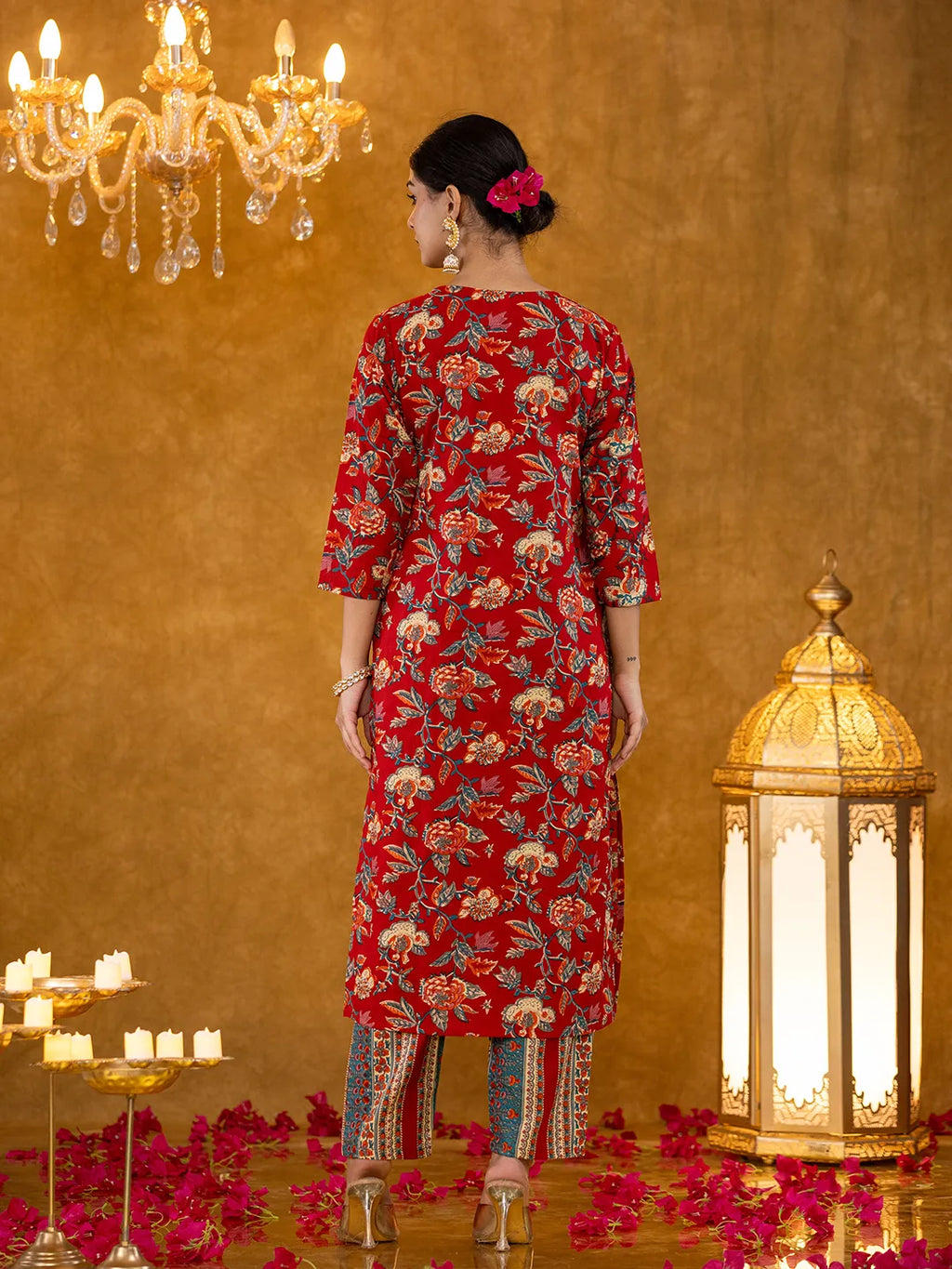Yufta Red Floral Thread Work Pure Cotton Kurta Trousers With Dupatta Set