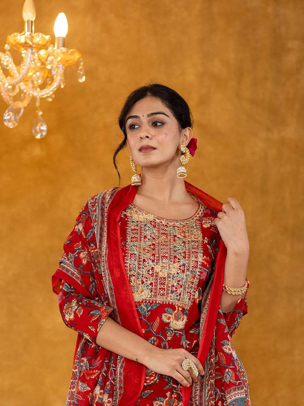 Yufta Red Floral Thread Work Pure Cotton Kurta Trousers With Dupatta Set