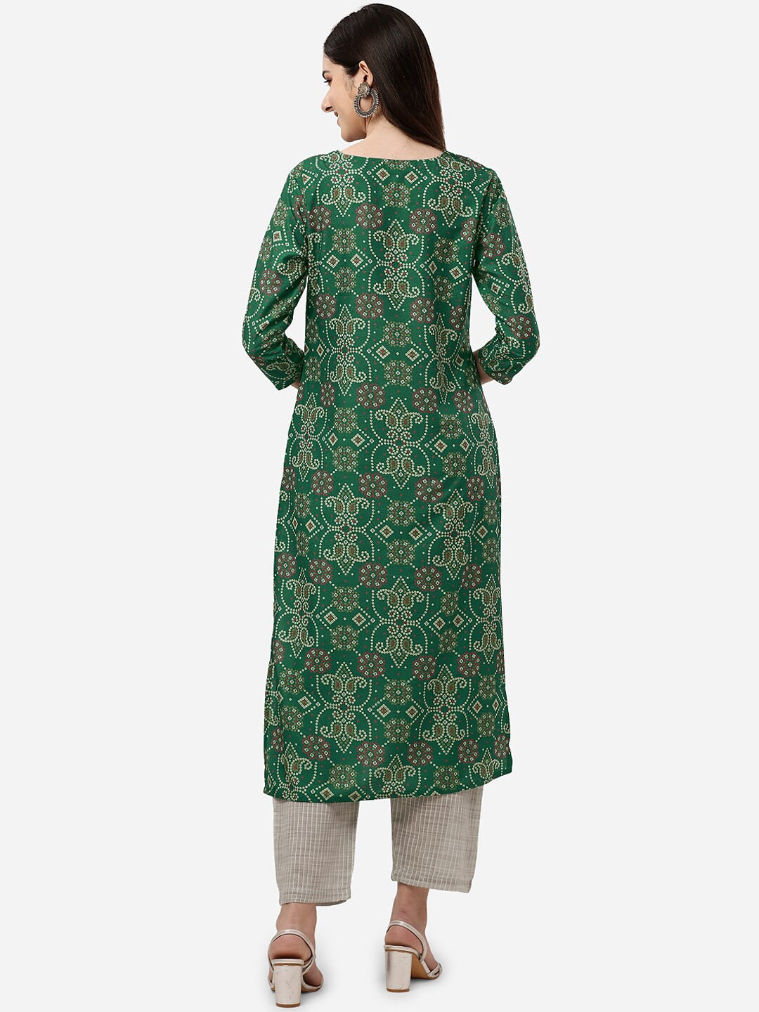 HERE&NOW Women Green Bandhani Printed Gotta Patti Pure Silk Kurta with Trousers