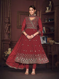 Jyoti Fashion Women's Maroon Georgette Embroidered Anarkali Kurta Pant Set With Dupatta