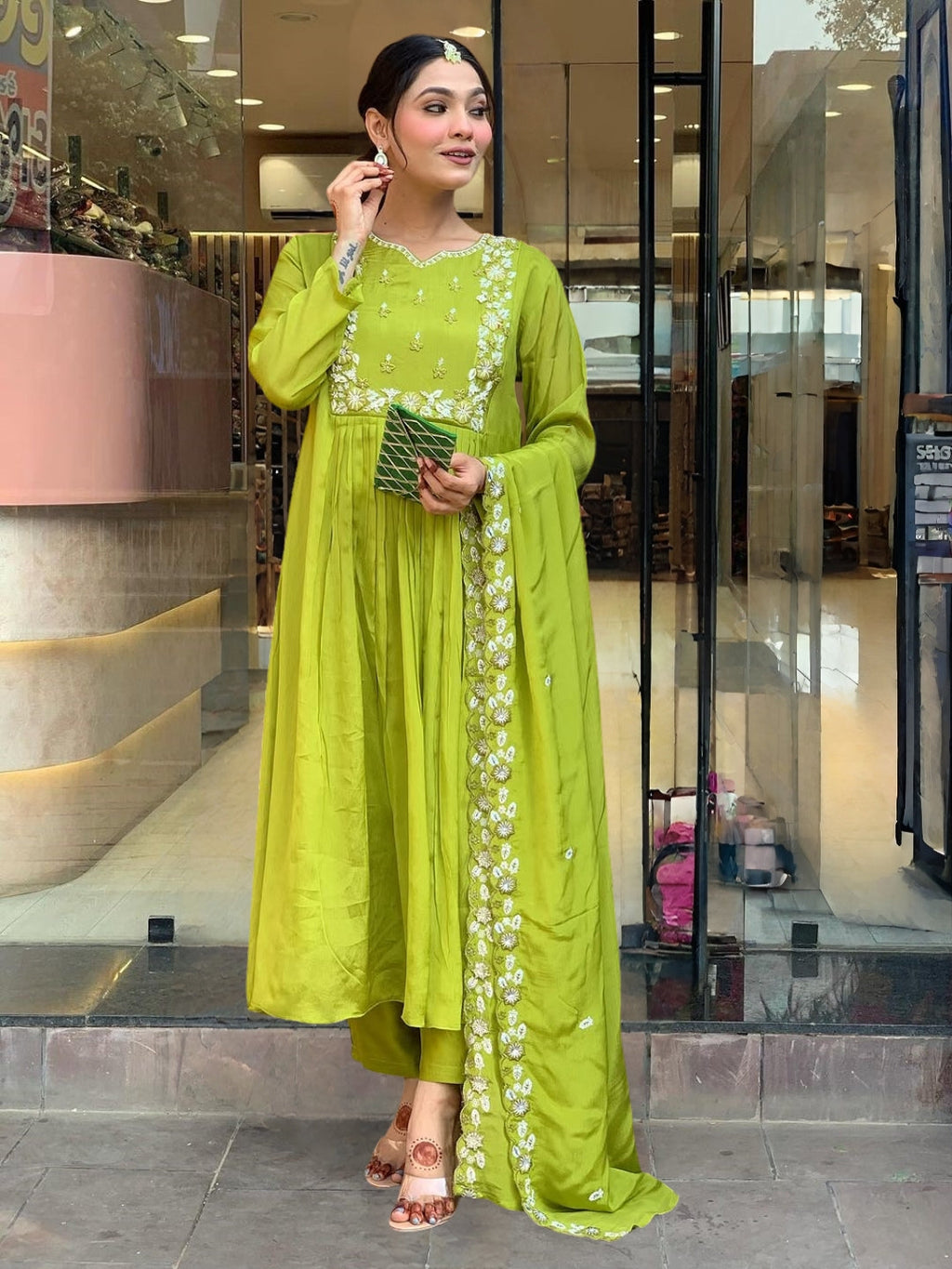 The52 Embroidered Chinon Fabric Straight Kurta, Pant and Dupatta Set