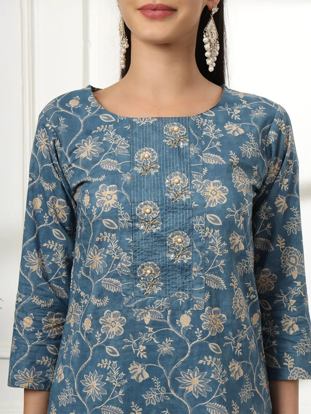 Yufta Pure Cotton Straight Blue Kurta Dupatta Set