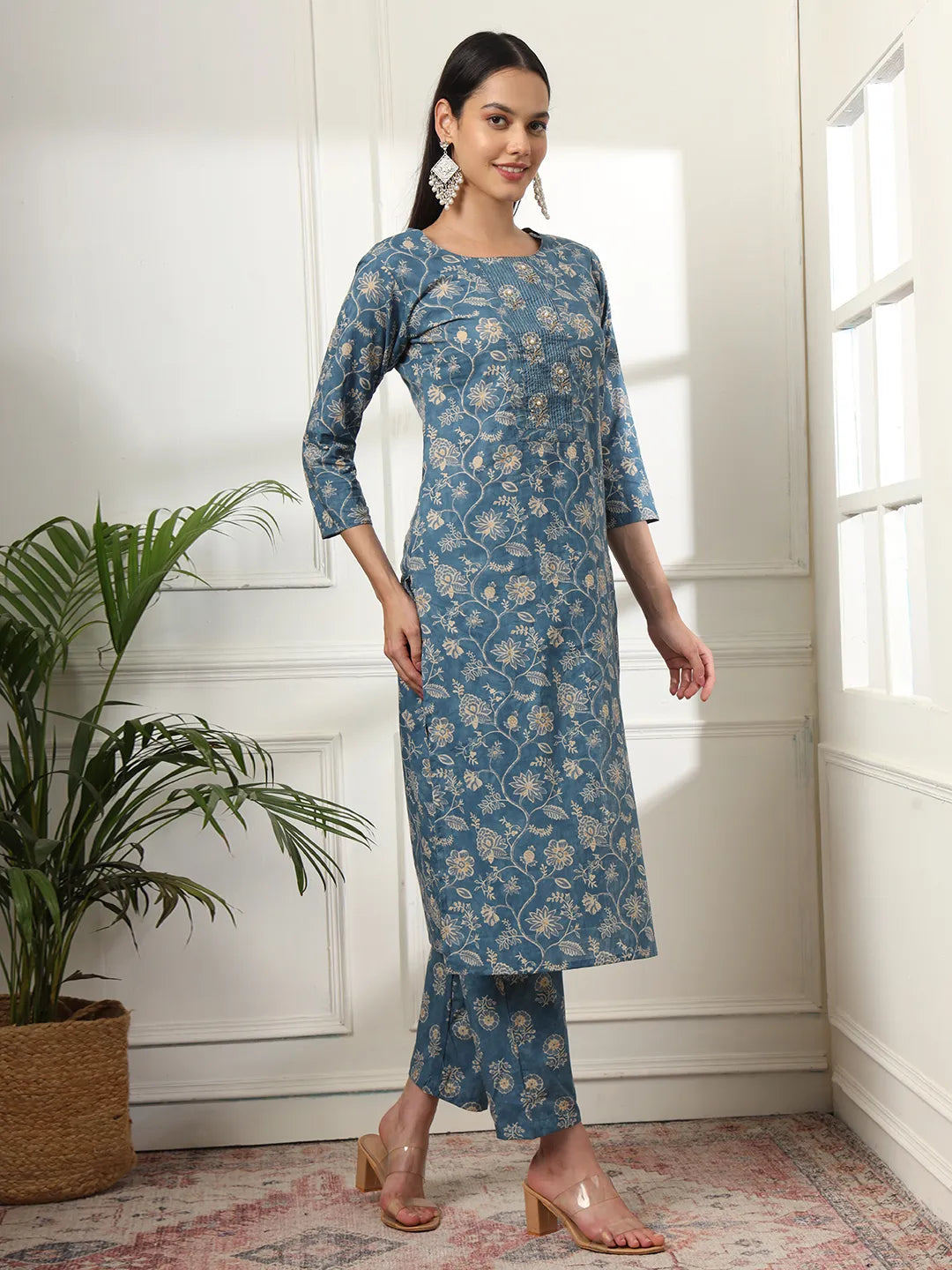 Yufta Pure Cotton Straight Blue Kurta Dupatta Set
