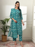 Yufta Cotton Straight Turquoise Blue Kurta Dupatta Set