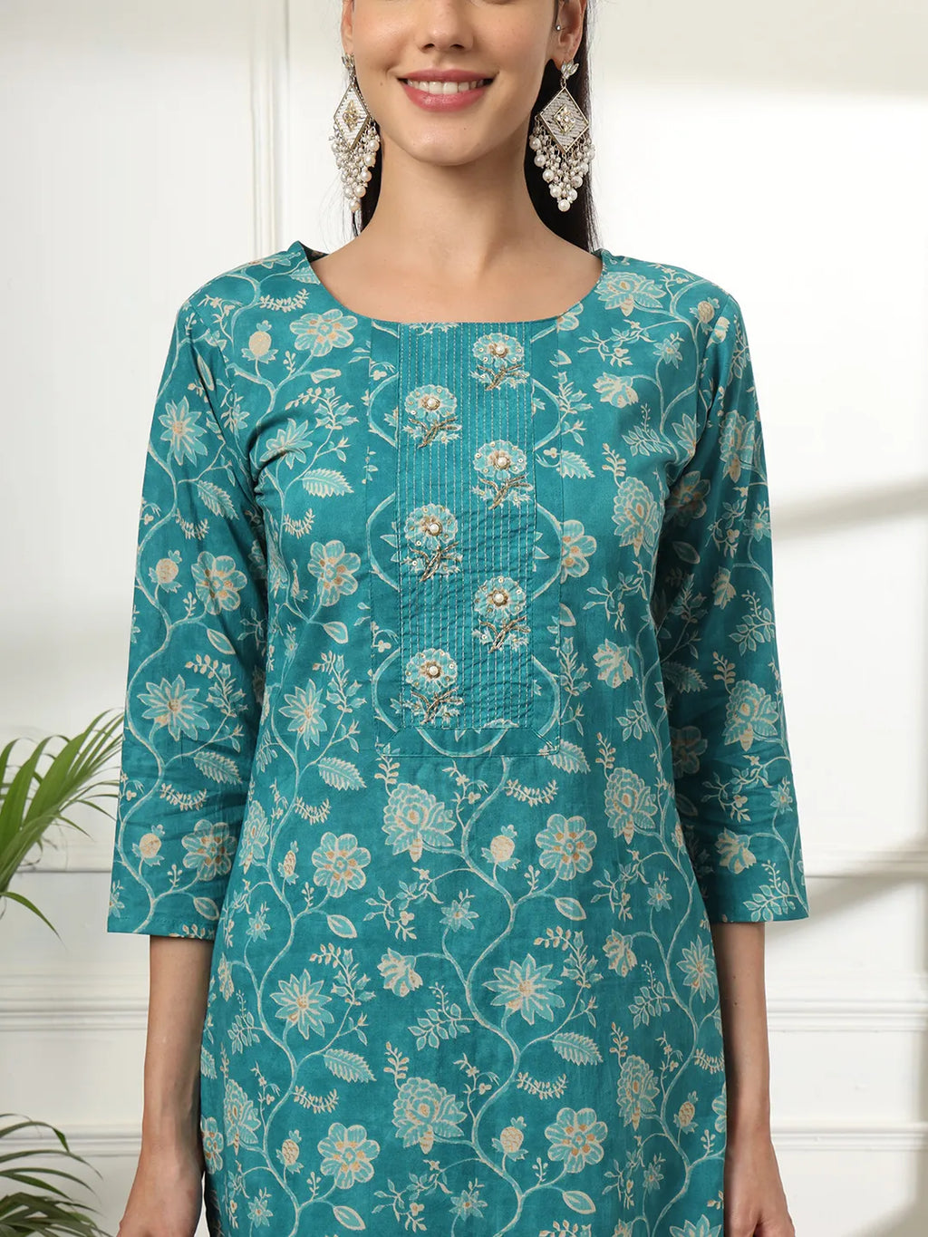 Yufta Cotton Straight Turquoise Blue Kurta Dupatta Set