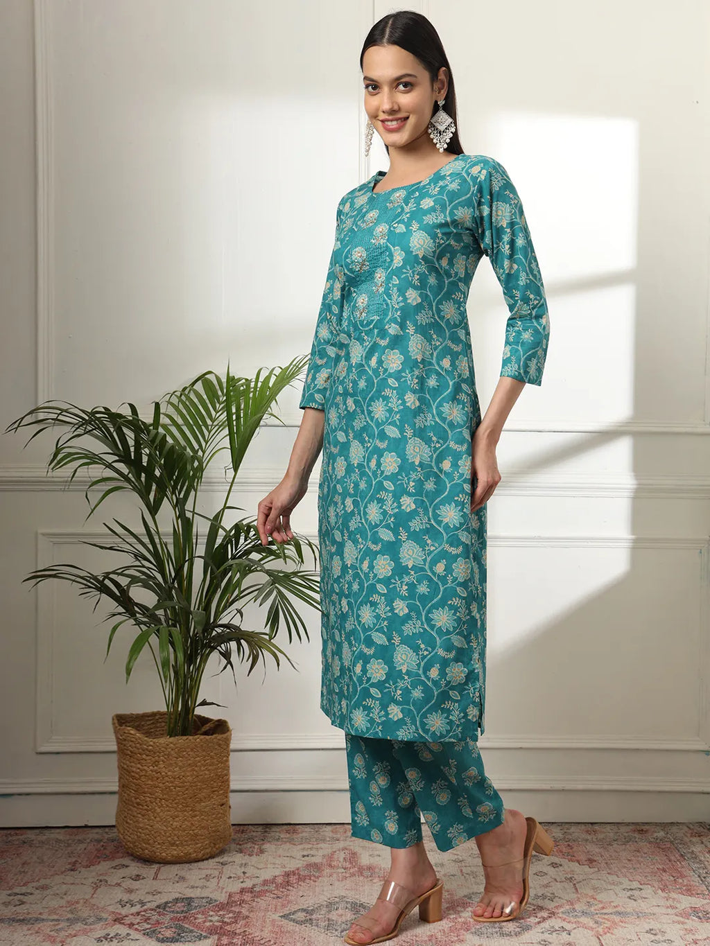 Yufta Cotton Straight Turquoise Blue Kurta Dupatta Set