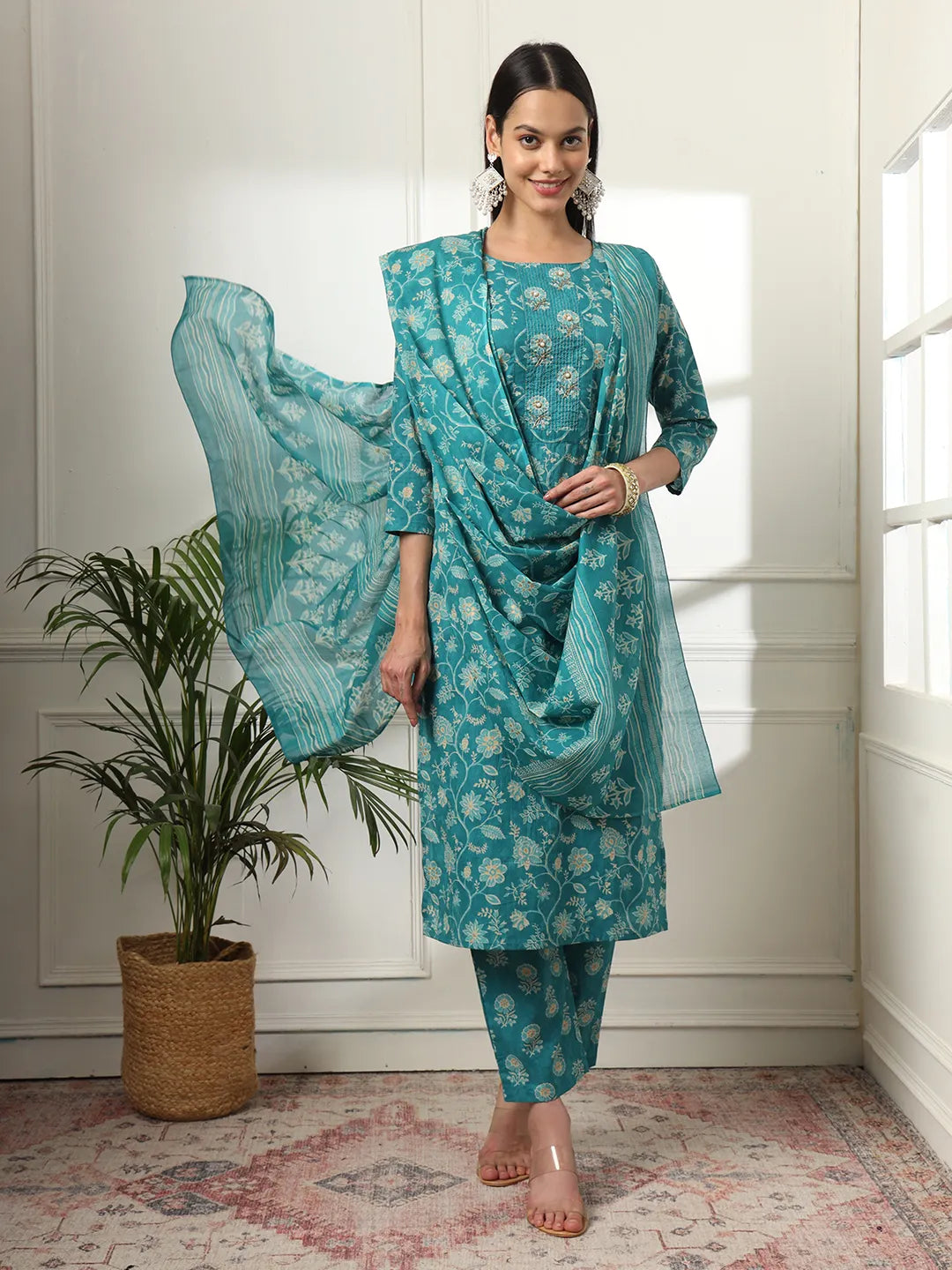 Yufta Cotton Straight Turquoise Blue Kurta Dupatta Set