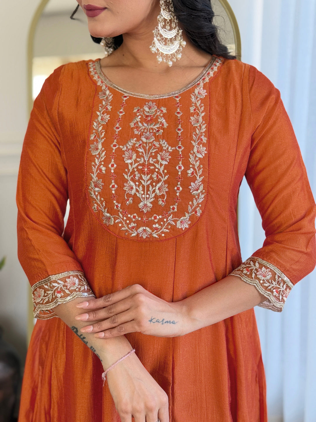 The52 Embroidered Vichitra Silk Fabric Straight Kurta, Pant and Dupatta Set