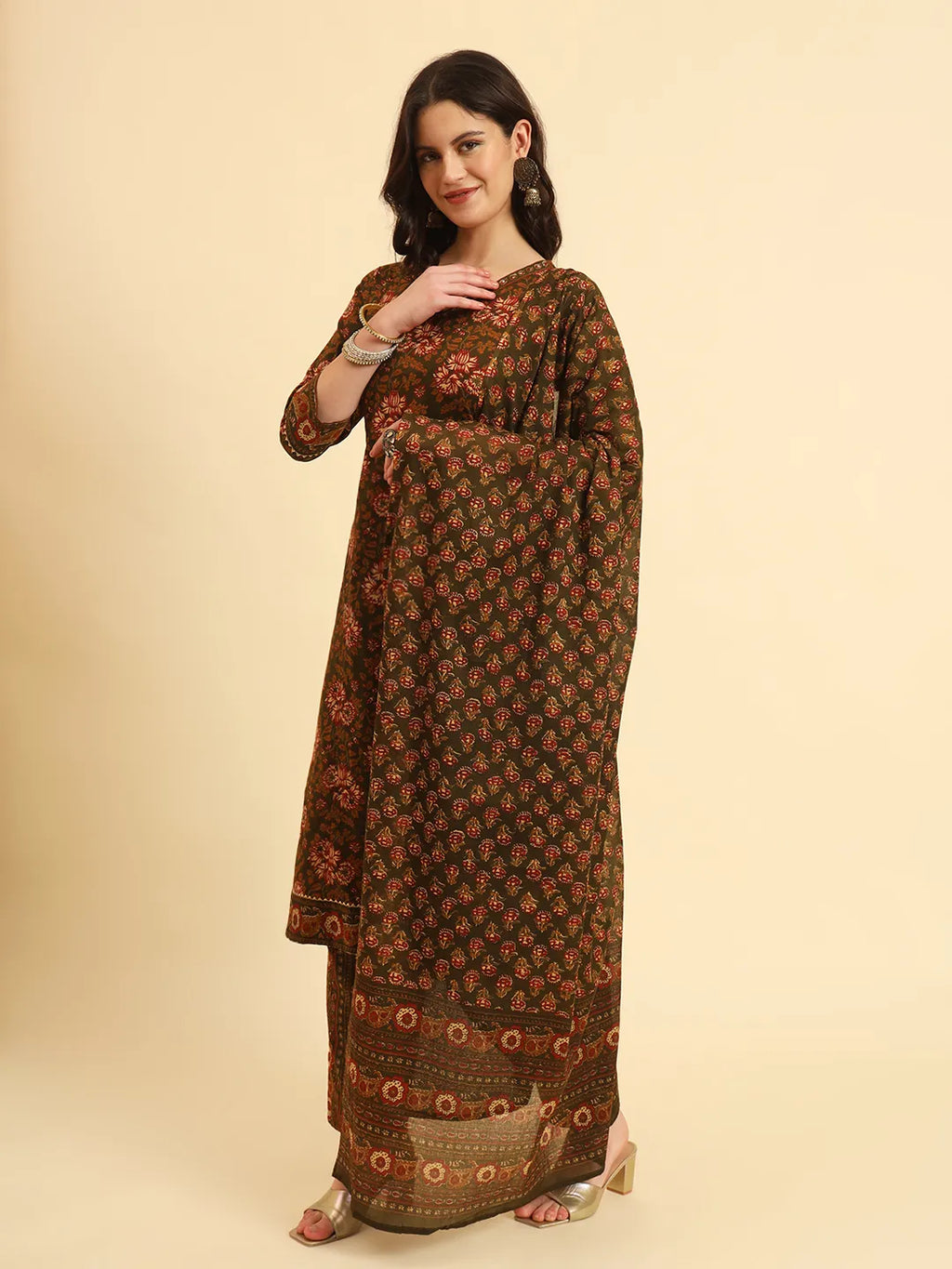 Yufta Green Pure Cotton Floral Sequins Work Kurta Set With Dupatta