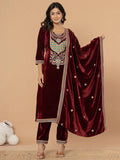 Yufta Burgundy Velvet Embroidered A Have Cotton Lining Kurta Dupatta Set