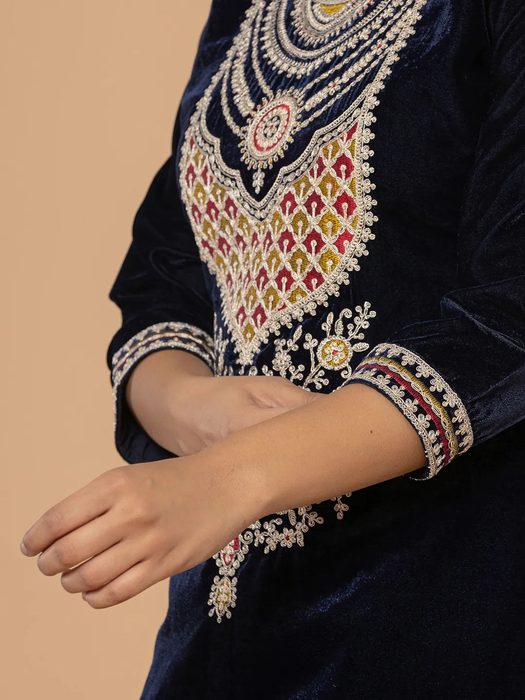 Yufta Navy Blue Velvet Embroidered A Have Cotton Lining Kurta Dupatta Set