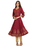 Juniper Women's Maroon Ethnic Motif Printed Rayon Kurta With Sequins