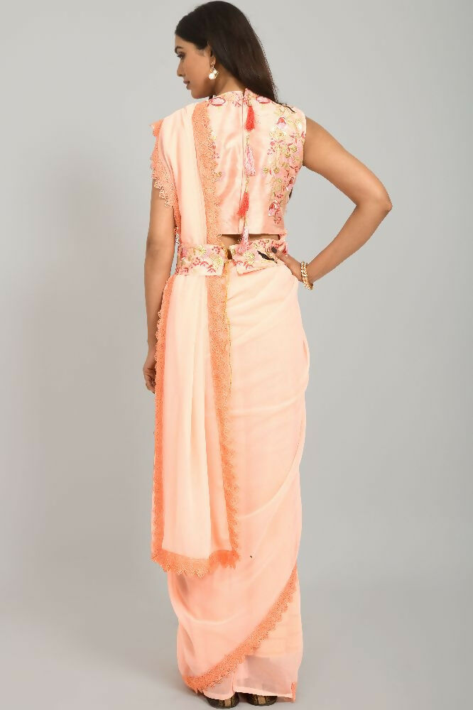 PR Fashion Peach Georgette Gpo Lace Saree