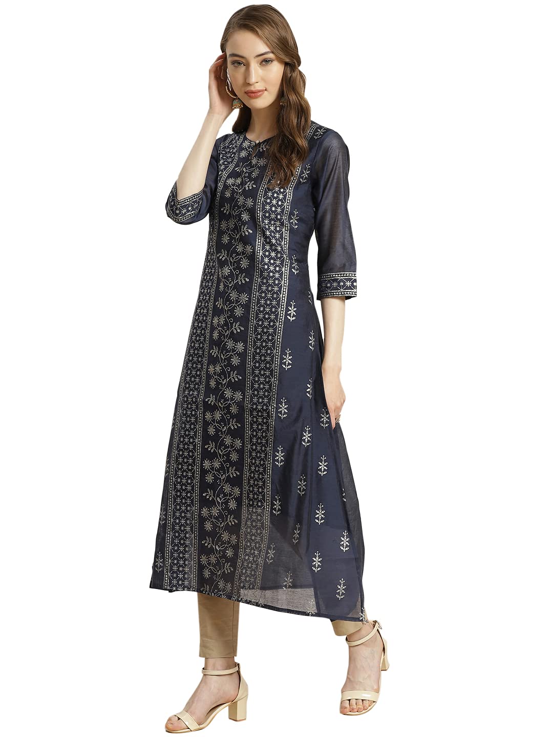 Juniper Women's Indigo Floral Printed Chanderi A-Line Kurta