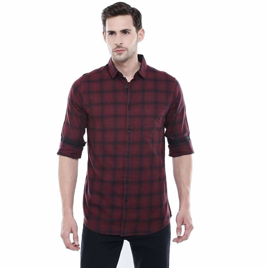 Men's Checkered Maroon Slim Fit Casual Shirt