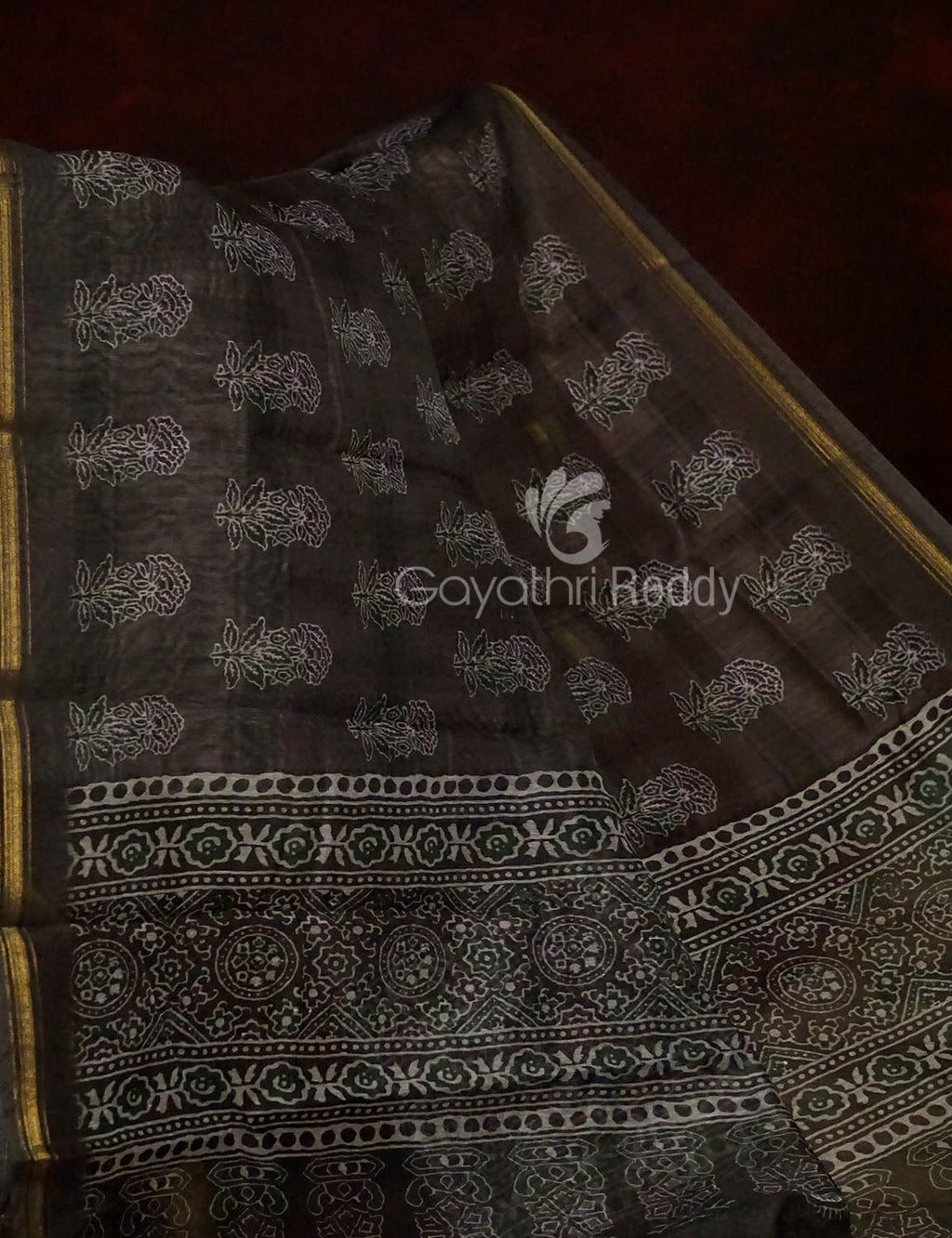 Slate Black And Grey Colour Print Design Semi Chanderi Saree By Gayathri Reddy Designer Studio