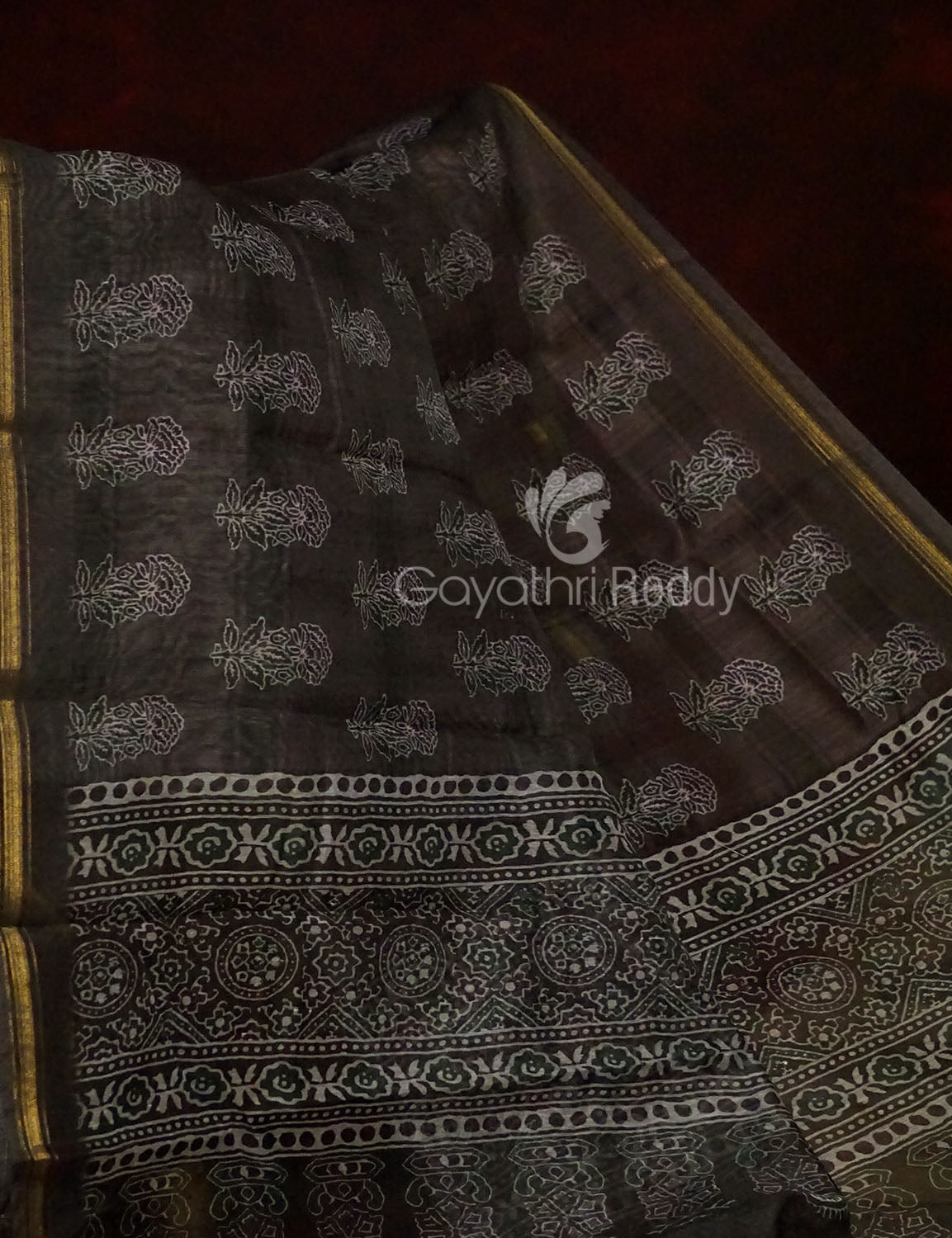 Slate Black And Grey Colour Print Design Semi Chanderi Saree By Gayathri Reddy Designer Studio