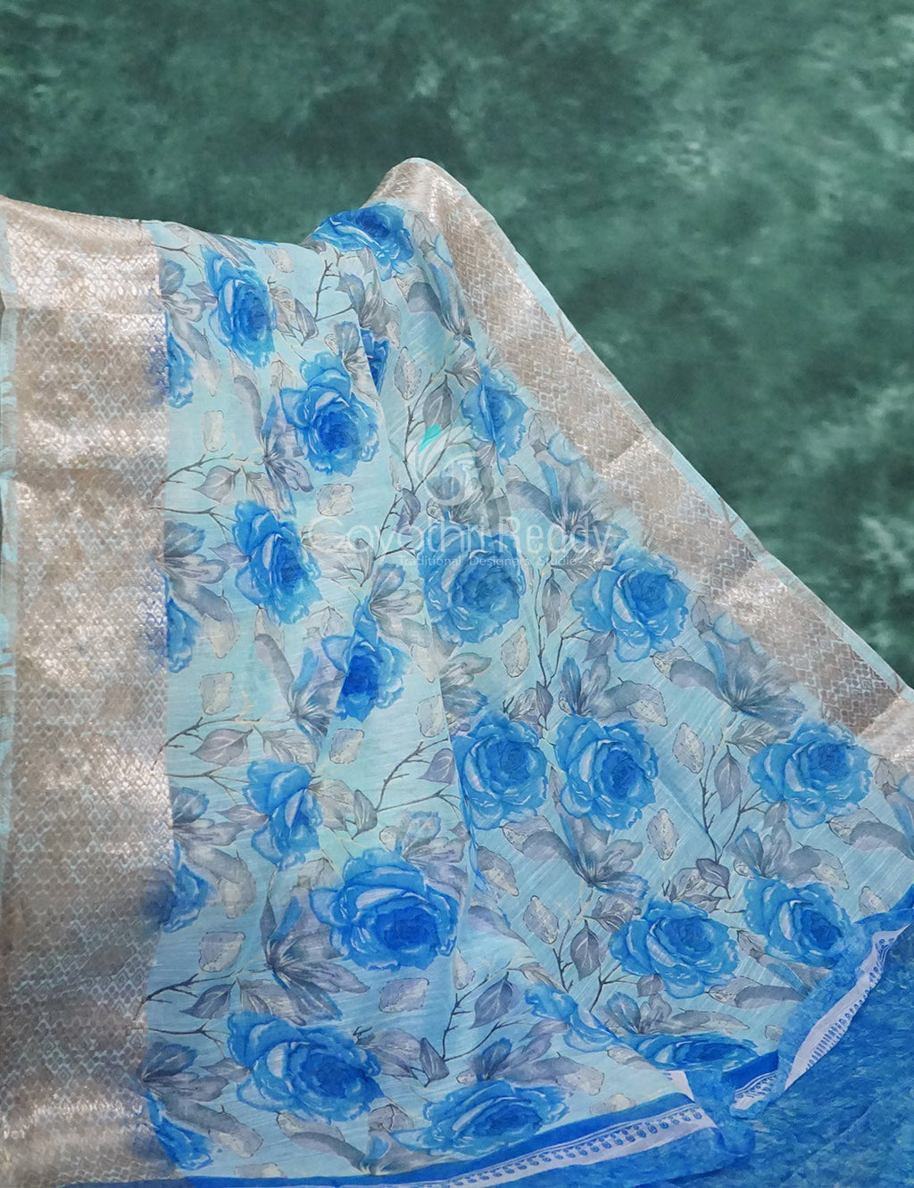 Powder Blue And Dark Blue Coloured Floral Print Semi Chanderi Saree By Gayathri Reddy Designer Studio